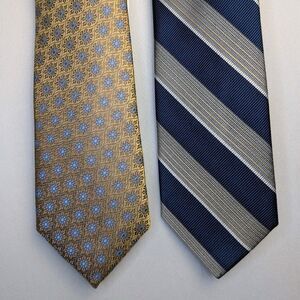 NEW (2) ENRO Silk Tie Champagne Gold Blue Stripes Pin Dot Geometric Necktie